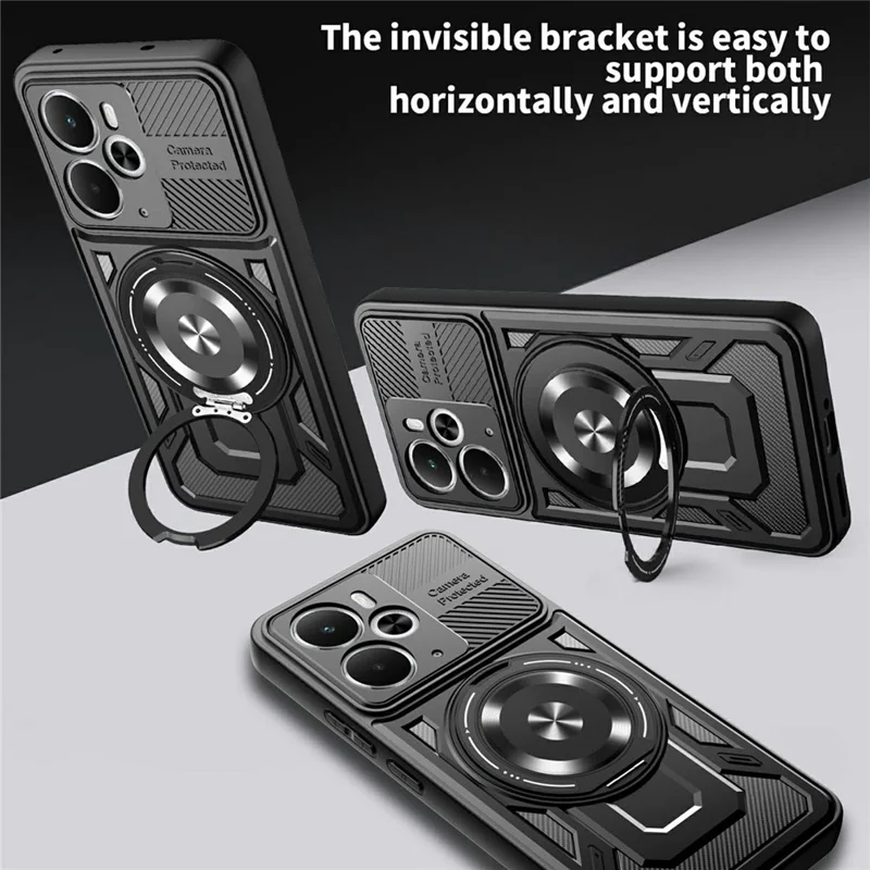 For Realme 14 5G Magnetic Case Rotating Kickstand TPU + PC Phone Cover - Black