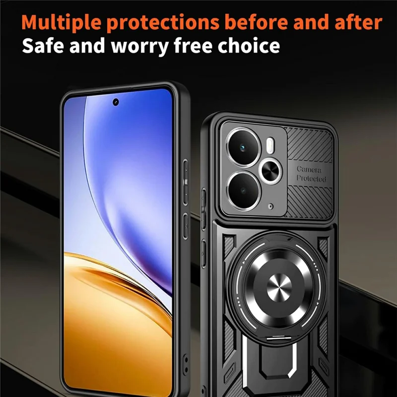 For Realme 14 5G Magnetic Case Rotating Kickstand TPU + PC Phone Cover - Black