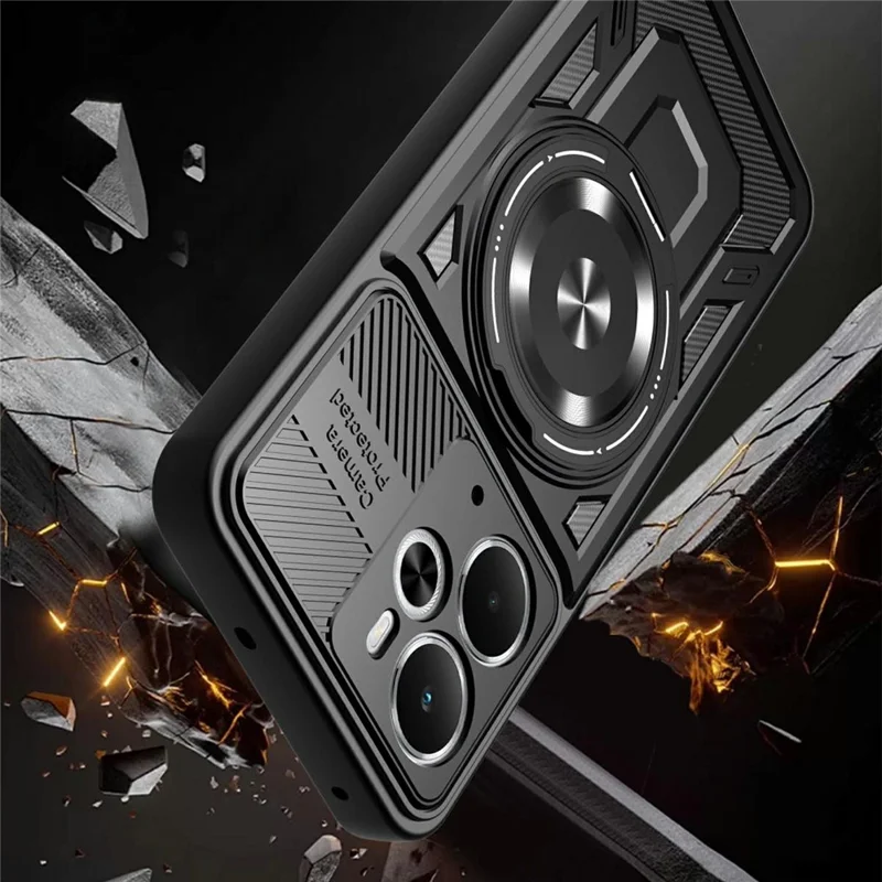 For Realme 14 5G Magnetic Case Rotating Kickstand TPU + PC Phone Cover - Black