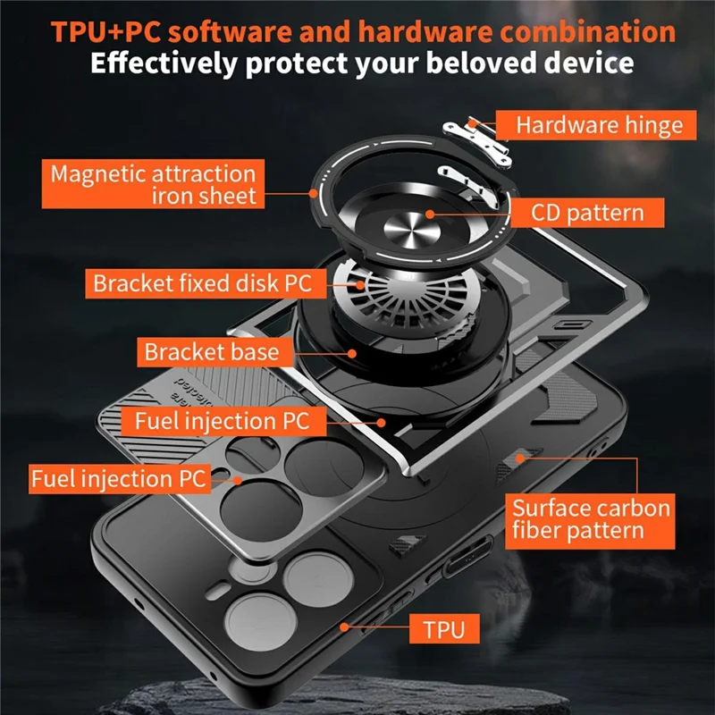 For Realme 14 5G Magnetic Case Rotating Kickstand TPU + PC Phone Cover - Black