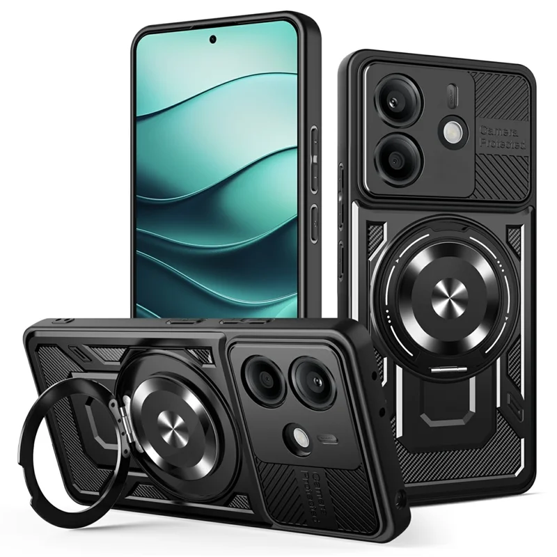 Para Xiaomi Redmi Note 14 4G (164,84 mm) Capa Magnética com Suporte Rotativo TPU + PC - Preta