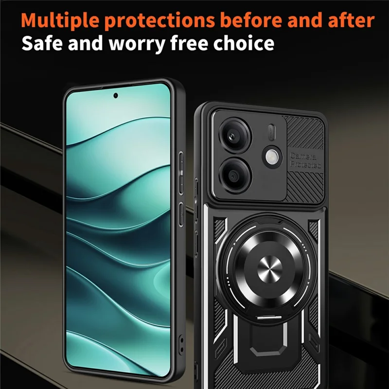 Para Xiaomi Redmi Note 14 4G (163,25 mm) Capa Magnética com Suporte Giratório TPU + PC - Preto