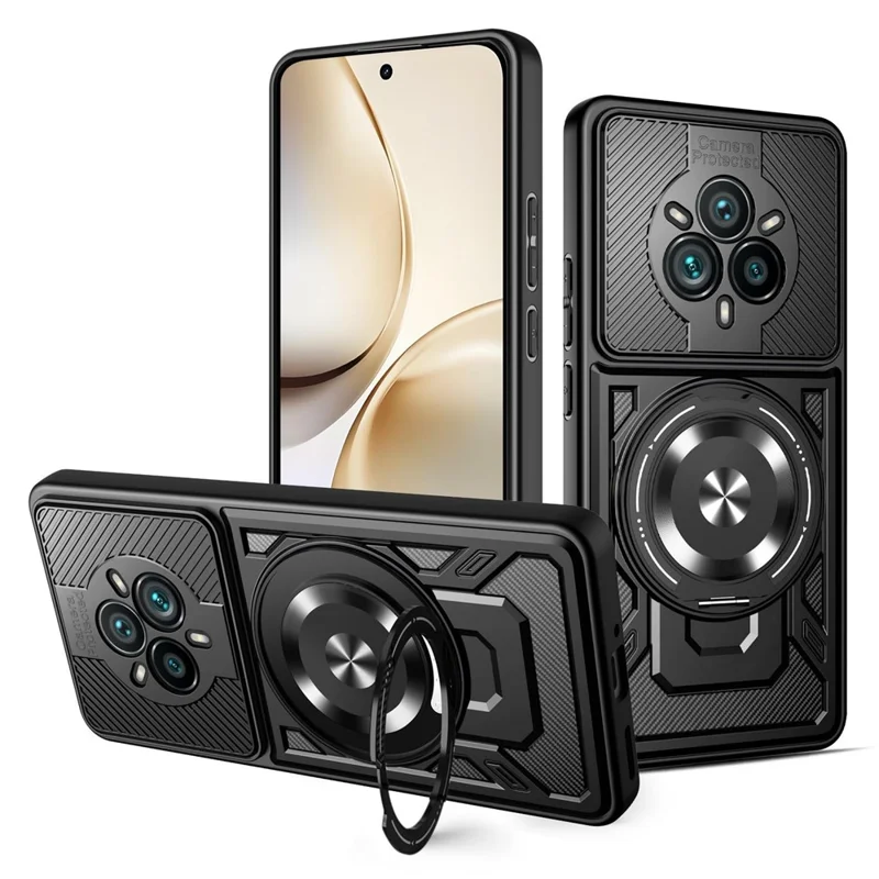 For Realme 14 Pro 5G Magnetic Case Rotating Kickstand TPU + PC Phone Cover - Black