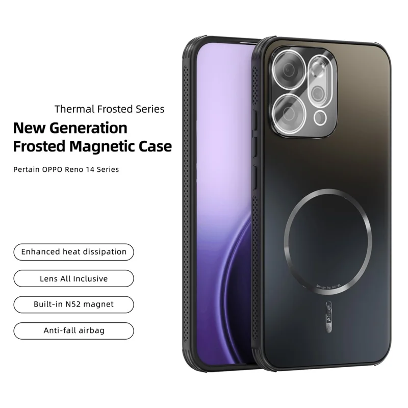ABEEL Per Oppo Reno14 5G (Globale) Custodia Magnetica Caso TPU PC Raffreddamento Matte Cover Posteriore del Telefono con Pellicola Obiettivo - Nero
