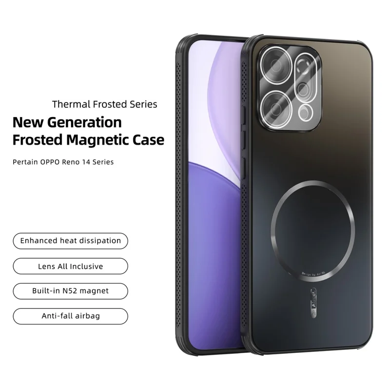 ABEEL per Oppo Reno14 Pro 5G (Globale) Cover Magnetica TPU PC Raffreddante Opaca per Telefono con Pellicola Protettiva Lente - Nero