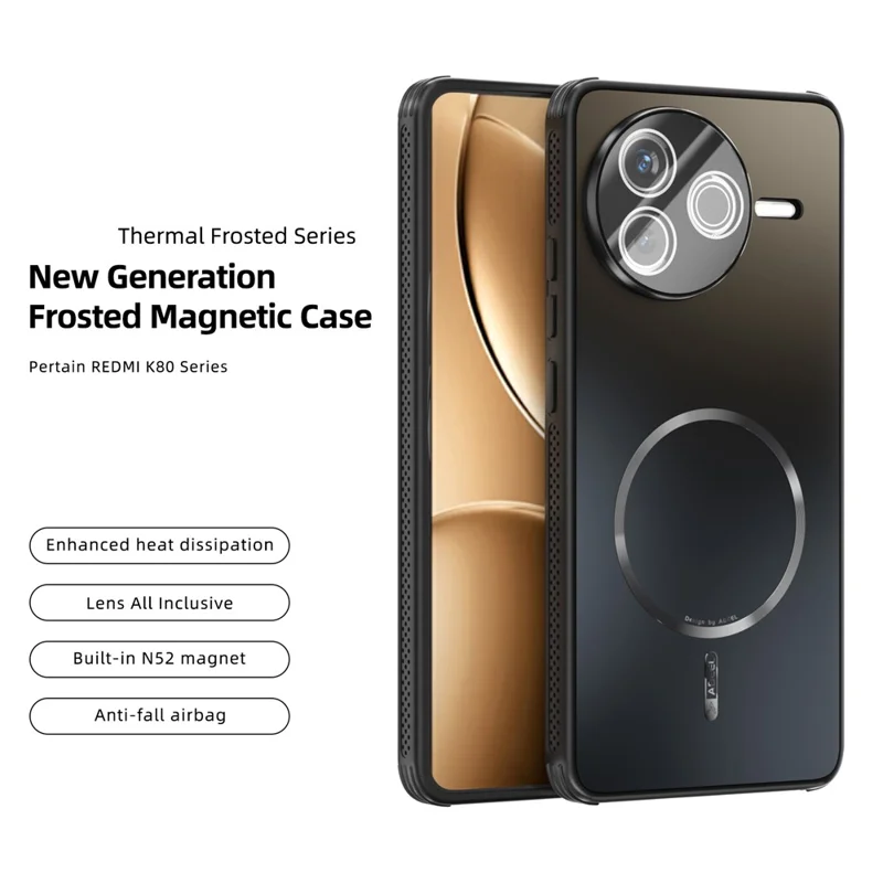 ABEEL For Xiaomi Redmi K80 5G  /  Poco F7 Pro 5G Magnetic Case TPU PC Cooling Matte Phone Back Cover with Lens Film - Black