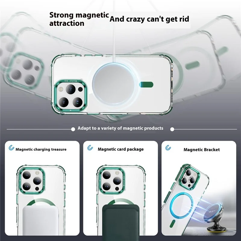 Cover trasparente per iPhone 14 Pro con supporto per lenti, compatibile con MagSafe - Verde