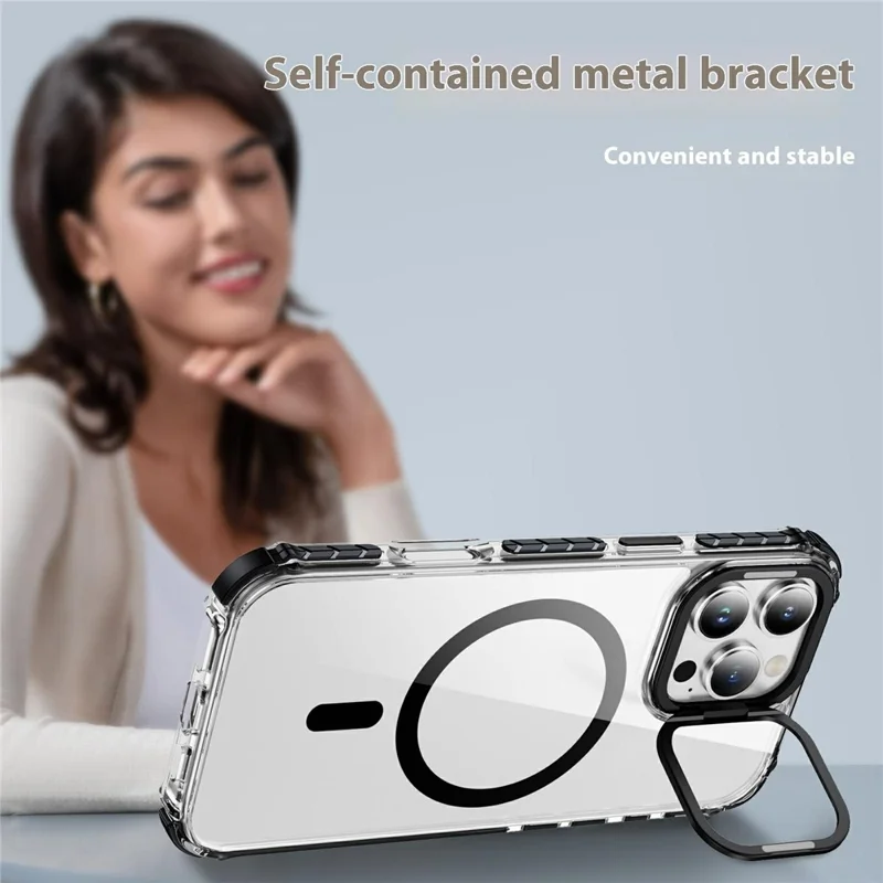 For iPhone 14 Pro Clear Phone Case with Lens Kickstand Cover Compatible with MagSafe - Black