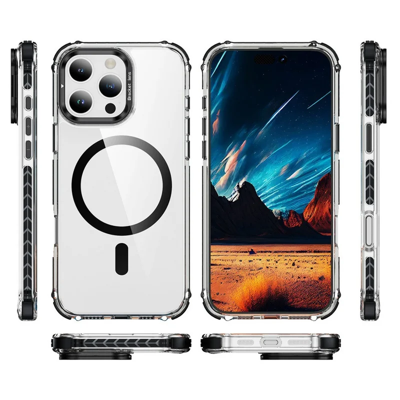 For iPhone 14 Pro Clear Phone Case with Lens Kickstand Cover Compatible with MagSafe - Black