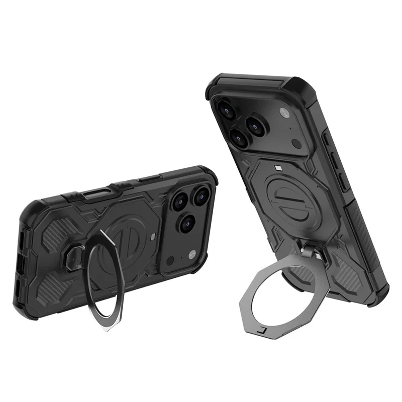 Pour iPhone 17 Pro Étui Magnétique avec Support Métallique Rotatif Antichoc PC + TPU Coque Arrière de Téléphone - Noir