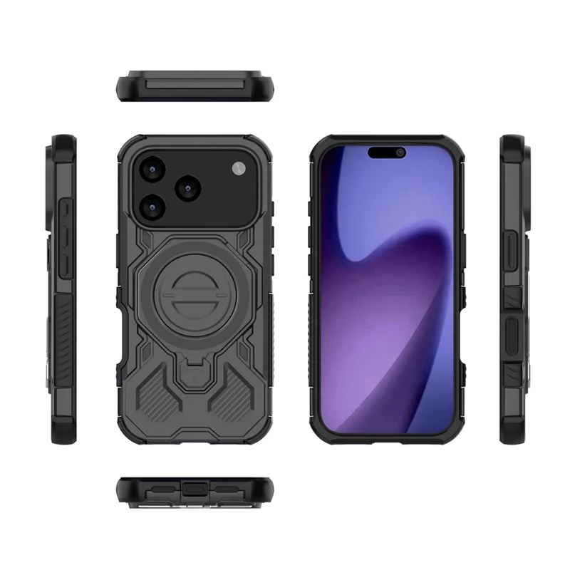 Pour iPhone 17 Pro Étui Magnétique avec Support Métallique Rotatif Antichoc PC + TPU Coque Arrière de Téléphone - Noir