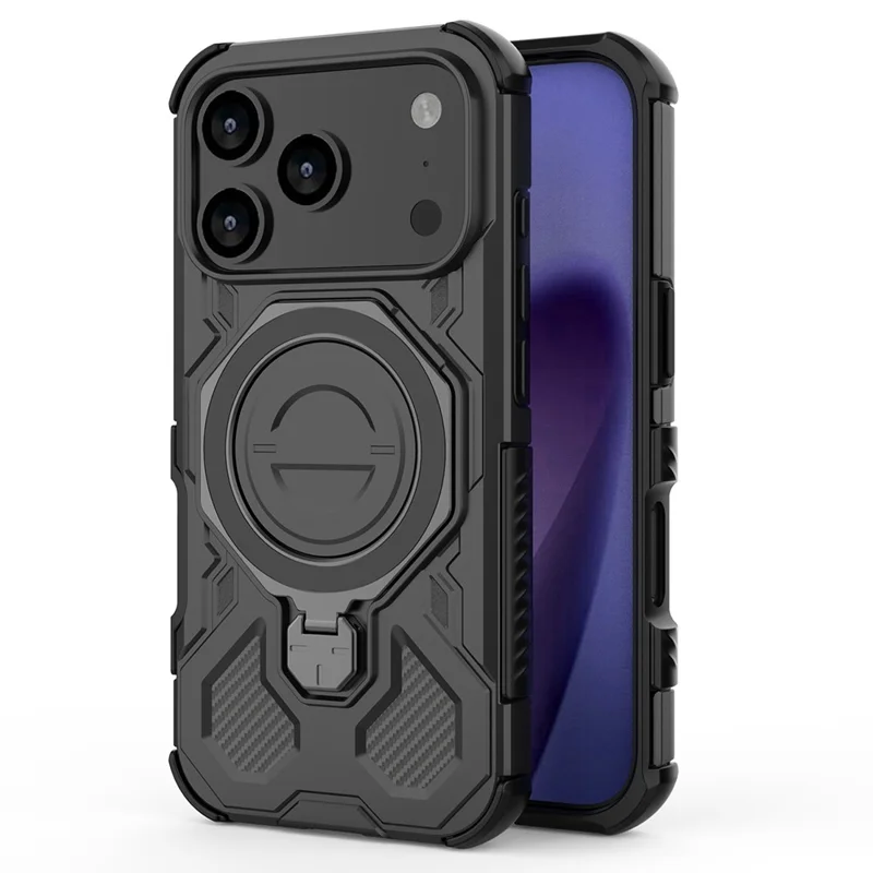Capa Magnética para iPhone 17 Pro Max Suporte Metálico Giratório à Prova de Choque PC + Capa Traseira de Telefone TPU - Preto