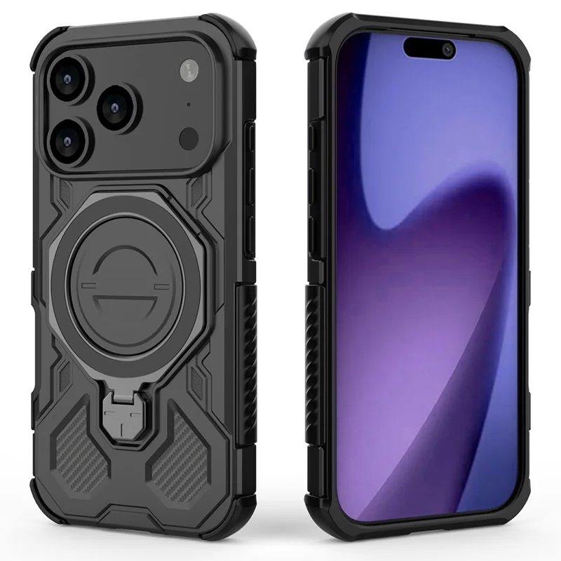 Capa Magnética para iPhone 17 Pro Max Suporte Metálico Giratório à Prova de Choque PC + Capa Traseira de Telefone TPU - Preto