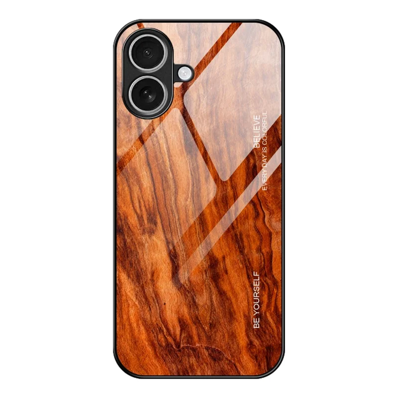 For iPhone 17 Case TPU + Tempered Glass Back Phone Cover Wood Texture - Orange