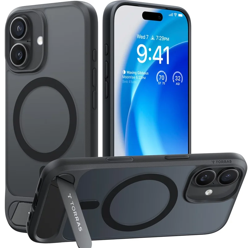 TORRAS Coque pour iPhone 17 Support Kickstand TPU + PC Étui Compatible avec MagSafe - Noir