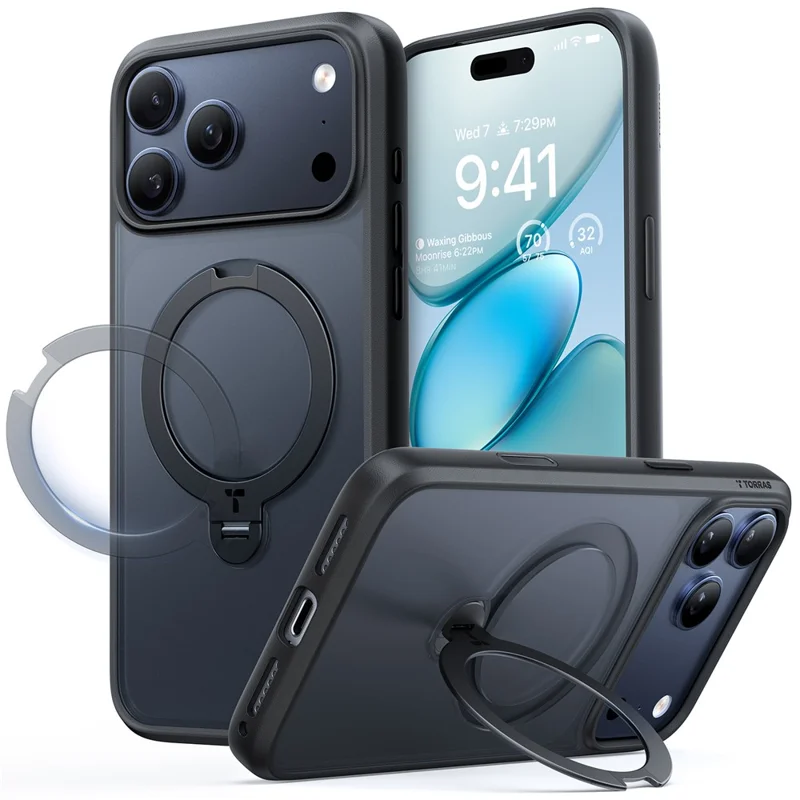 TORRAS Ostand Q3 Spin-serie til iPhone 17 Pro Max hylse med magnetisk roterende støtte PC + TPU telefondæksel - Sort