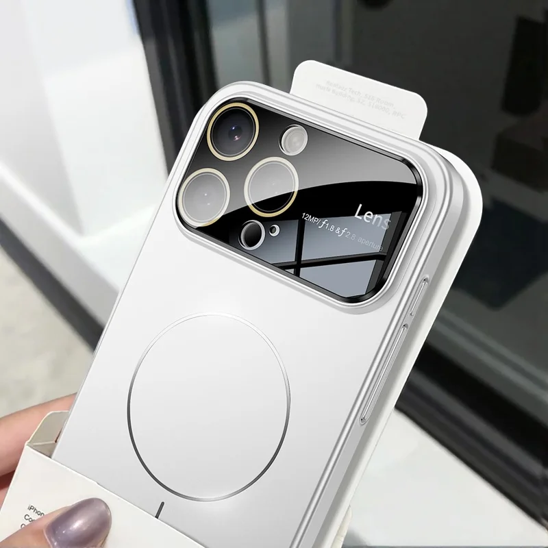 For iPhone 16 Pro Magnetic Case Large View Window Matte PC Phone Back Cover with Lens Film - Ivory White