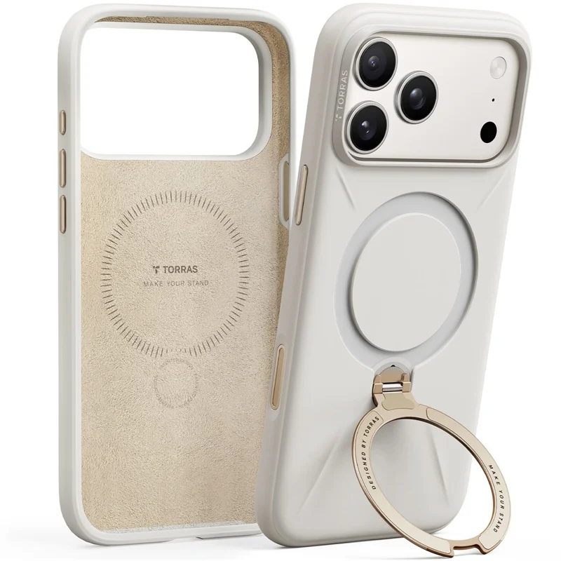 TORRAS Ostand Q3 Silicone Series For iPhone 17 Pro Max Case Magnetic Ring Kickstand Liquid Silicone + PC Phone Cover - White