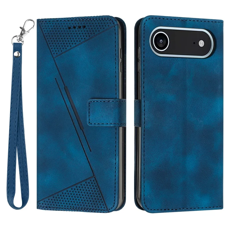 For iPhone 17 Air Leather Case Imprinted Triangle Phone Cover with Hand Strap - Blue