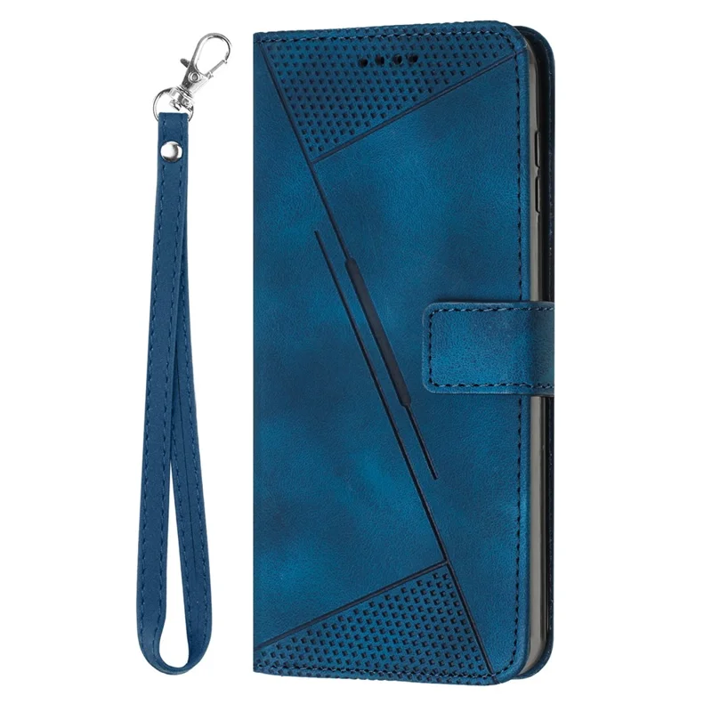 For iPhone 17 Air Leather Case Imprinted Triangle Phone Cover with Hand Strap - Blue