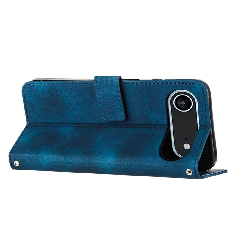 For iPhone 17 Air Leather Case Imprinted Triangle Phone Cover with Hand Strap - Blue