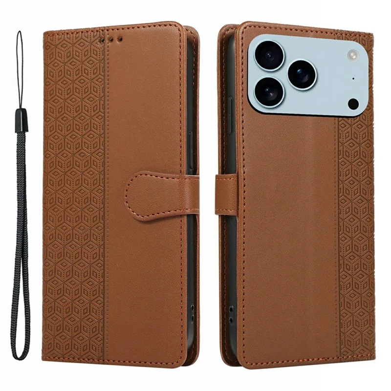 For iPhone 17 Pro Case Splicing Imprinted Rhombus Leather Phone Cover with Wrist Strap - Brown