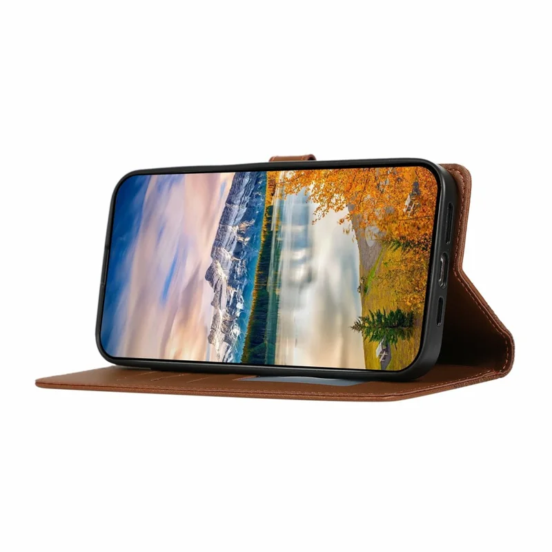 For iPhone 17 Pro Case Splicing Imprinted Rhombus Leather Phone Cover with Wrist Strap - Brown