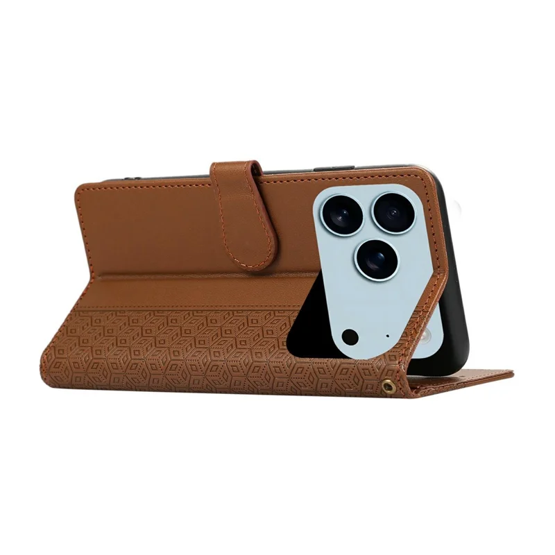 For iPhone 17 Pro Case Splicing Imprinted Rhombus Leather Phone Cover with Wrist Strap - Brown