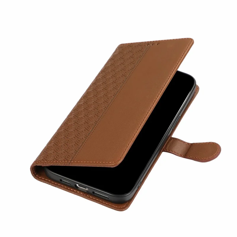 For iPhone 17 Pro Case Splicing Imprinted Rhombus Leather Phone Cover with Wrist Strap - Brown