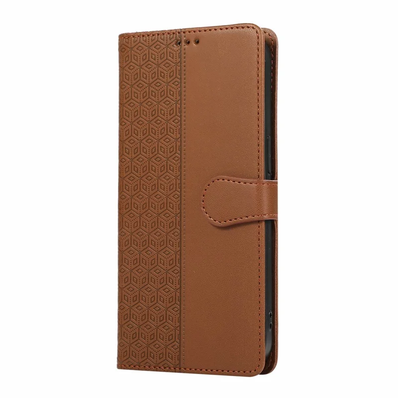 For iPhone 17 Pro Case Splicing Imprinted Rhombus Leather Phone Cover with Wrist Strap - Brown