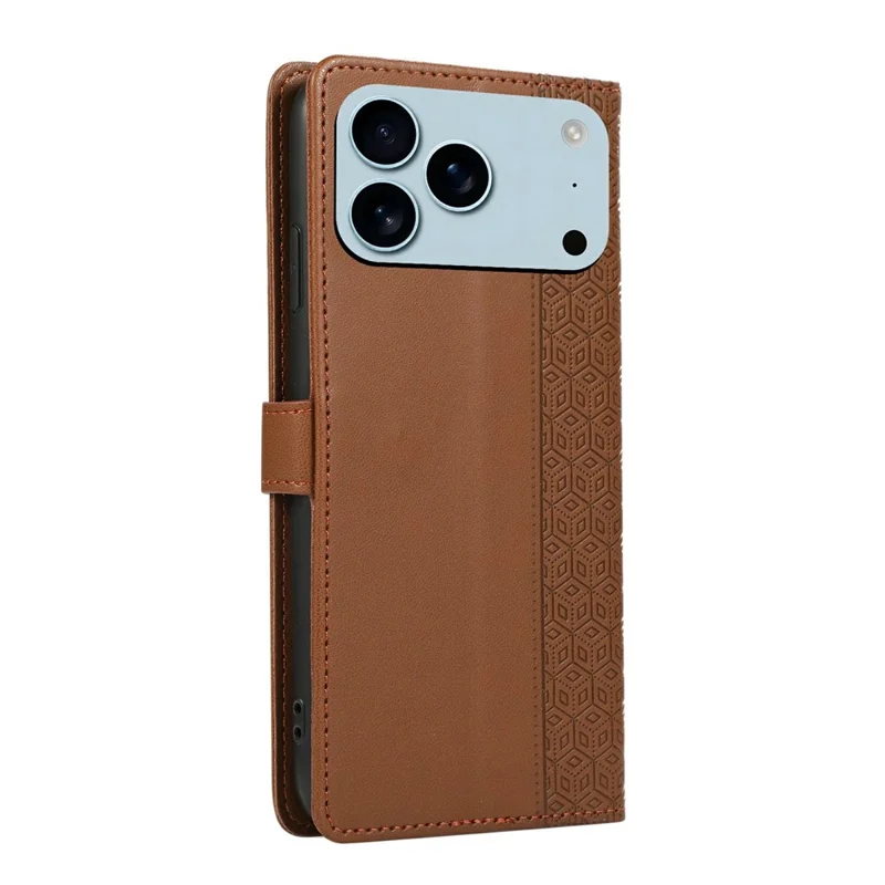 For iPhone 17 Pro Case Splicing Imprinted Rhombus Leather Phone Cover with Wrist Strap - Brown