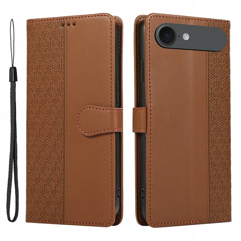 Cover per iPhone 17 Air con Design a Rombi Stampati in Pelle, con Cinturino da Polso - Marrone