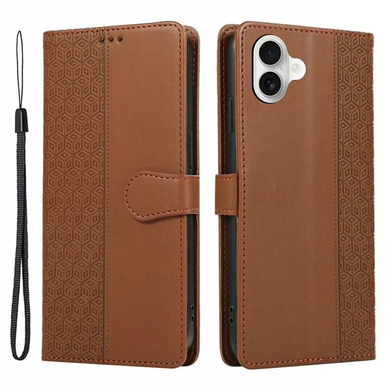 For iPhone 17 Case Splicing Imprinted Rhombus Leather Phone Cover with Wrist Strap - Brown