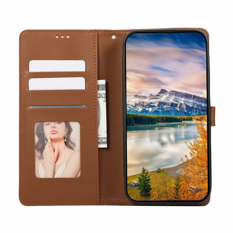 For iPhone 17 Case Splicing Imprinted Rhombus Leather Phone Cover with Wrist Strap - Brown