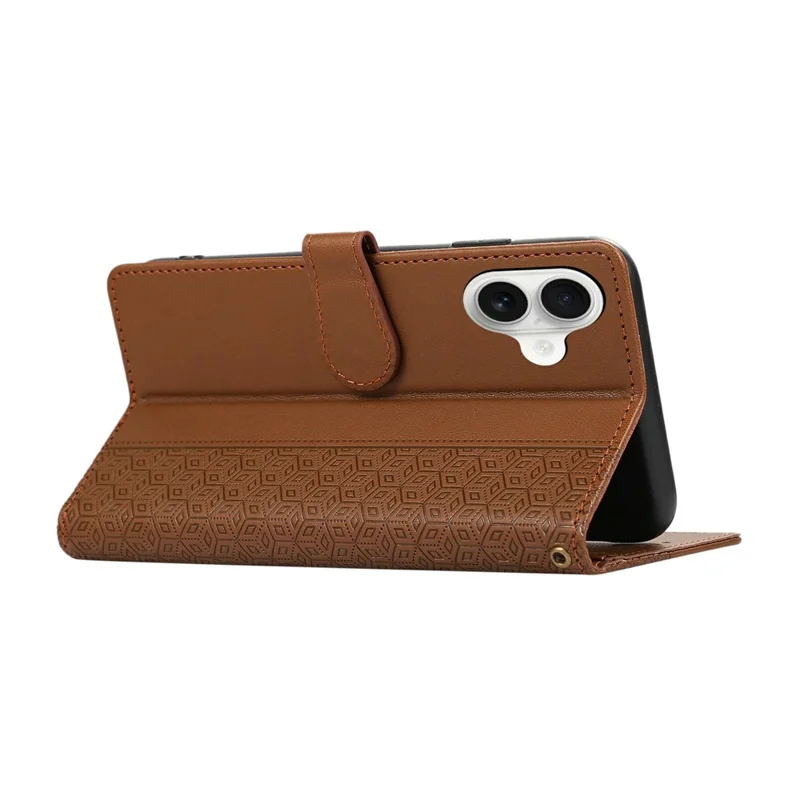 For iPhone 17 Case Splicing Imprinted Rhombus Leather Phone Cover with Wrist Strap - Brown