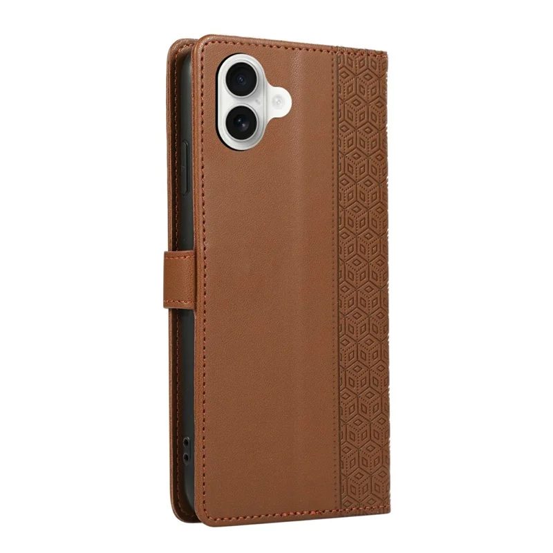 For iPhone 17 Case Splicing Imprinted Rhombus Leather Phone Cover with Wrist Strap - Brown