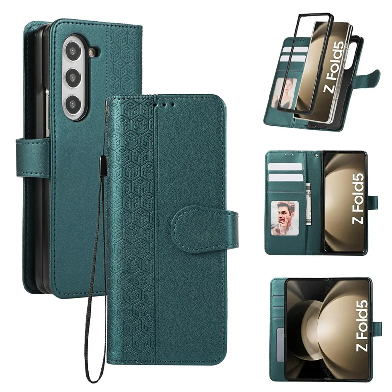 For Samsung Galaxy Z Fold6 5G Case Splicing Imprinted Rhombus Leather Phone Cover with Wrist Strap - Green