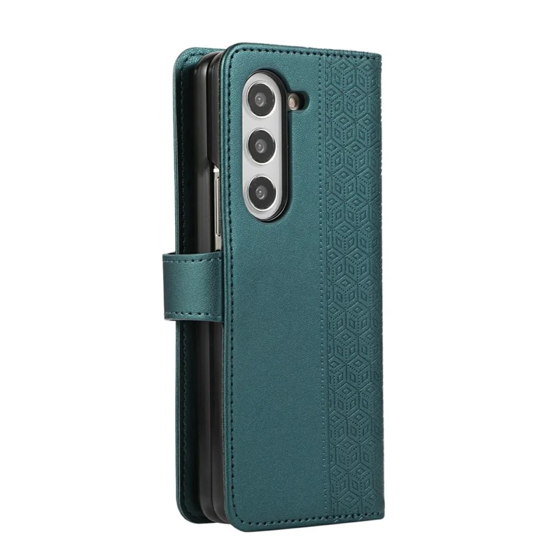 For Samsung Galaxy Z Fold6 5G Case Splicing Imprinted Rhombus Leather Phone Cover with Wrist Strap - Green