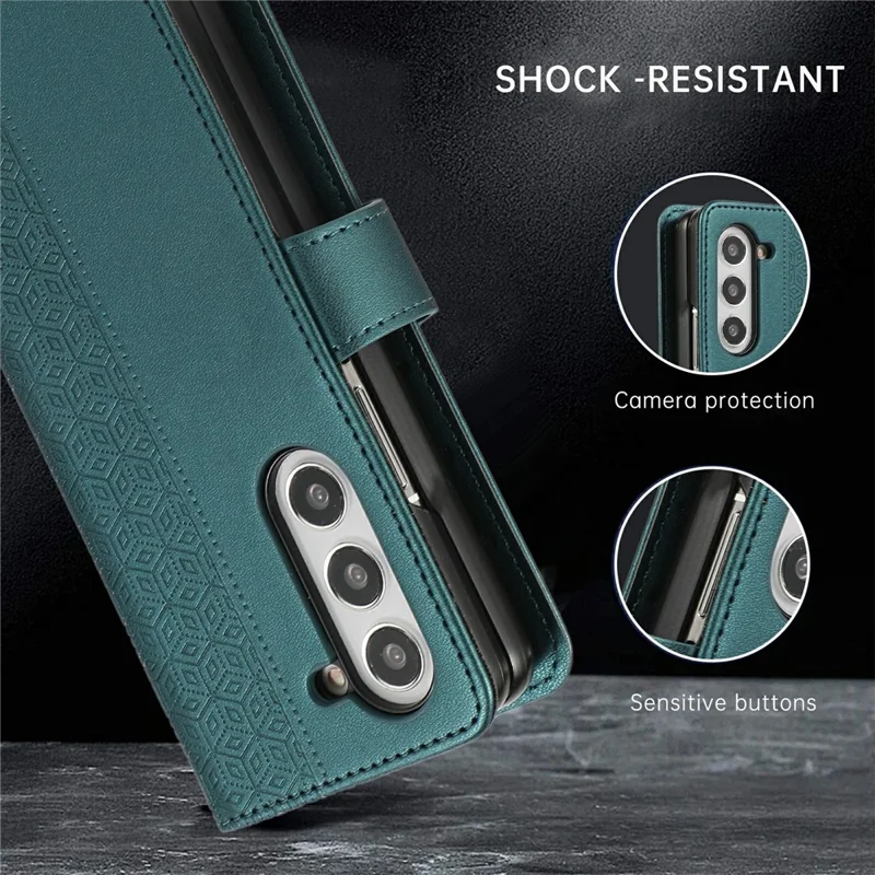 For Samsung Galaxy Z Fold6 5G Case Splicing Imprinted Rhombus Leather Phone Cover with Wrist Strap - Green