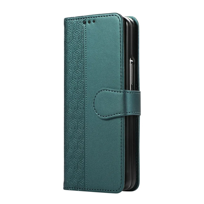 For Samsung Galaxy Z Fold7 5G Case Splicing Imprinted Rhombus Leather Phone Cover with Wrist Strap - Green