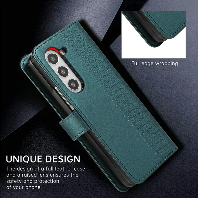 For Samsung Galaxy Z Fold7 5G Case Splicing Imprinted Rhombus Leather Phone Cover with Wrist Strap - Green