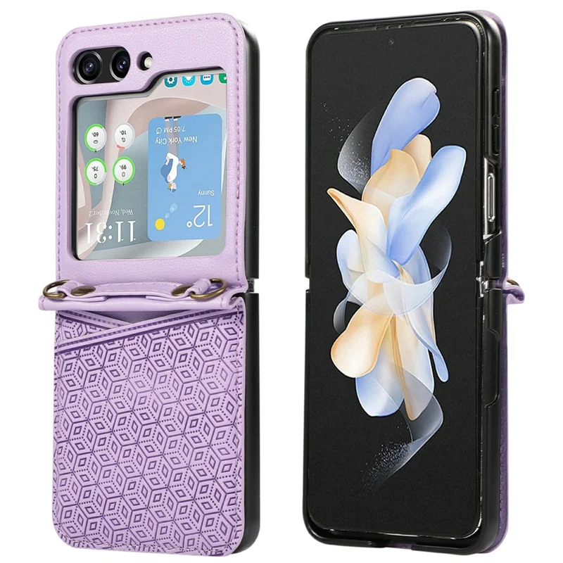 Capa para Samsung Galaxy Z Flip6 5G com Impressão de Couro em Losango e Compartimentos para Cartões - Roxa