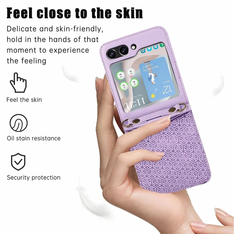 Capa para Samsung Galaxy Z Flip6 5G com Impressão de Couro em Losango e Compartimentos para Cartões - Roxa
