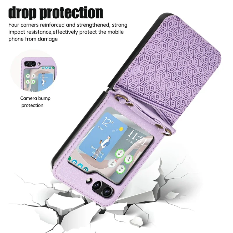 Capa para Samsung Galaxy Z Flip6 5G com Impressão de Couro em Losango e Compartimentos para Cartões - Roxa