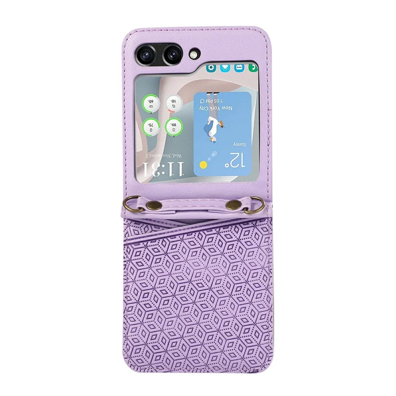 Für Samsung Galaxy Z Flip7 5G Hülle mit geprägtem Rautendesign aus Leder, Handyhülle mit Kartenfächern - Lila