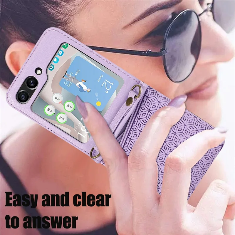 For Samsung Galaxy Z Flip5 5G Case Imprinted Rhombus Leather Phone Cover with Card Slots - Purple