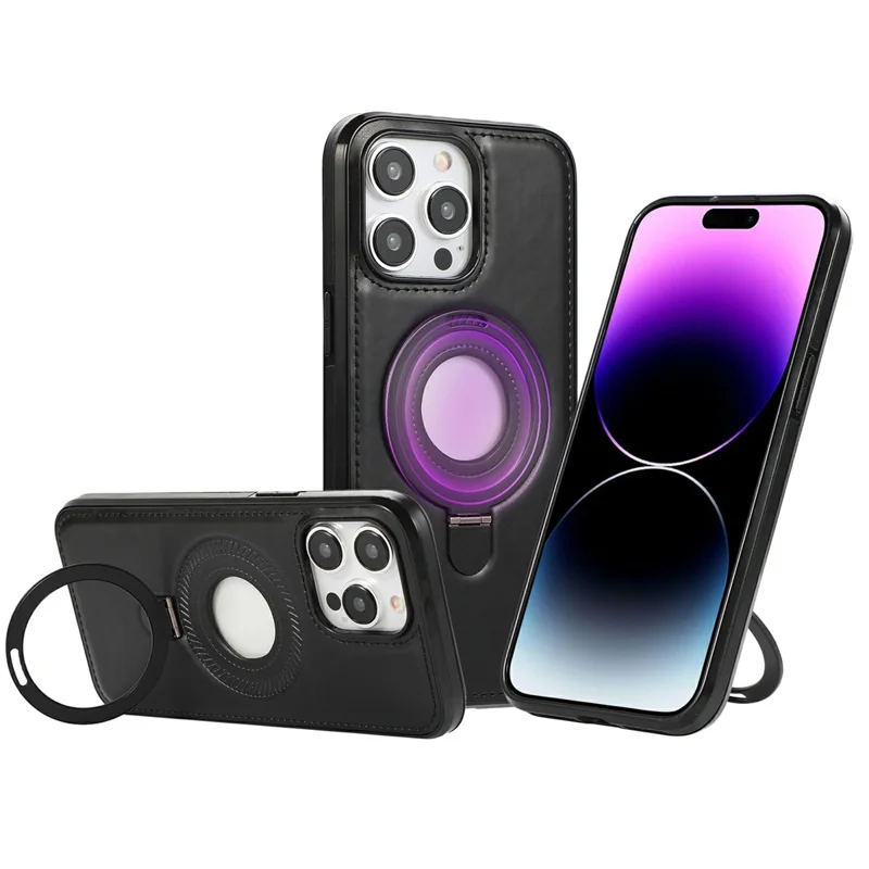 For iPhone 14 Pro Max Case Magnetic Kickstand PU Leather Coated PC + TPU Phone Cover - Black