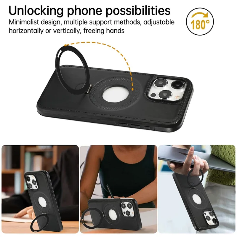 For iPhone 14 Pro Max Case Magnetic Kickstand PU Leather Coated PC + TPU Phone Cover - Black