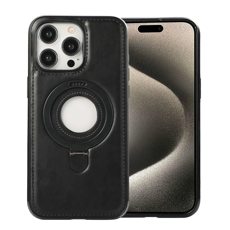 For iPhone 14 Pro Max Case Magnetic Kickstand PU Leather Coated PC + TPU Phone Cover - Black