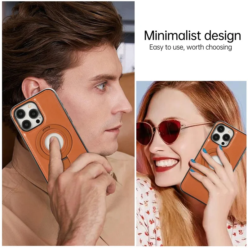For iPhone 14 Pro Case Magnetic Kickstand PU Leather Coated PC + TPU Phone Cover - Brown